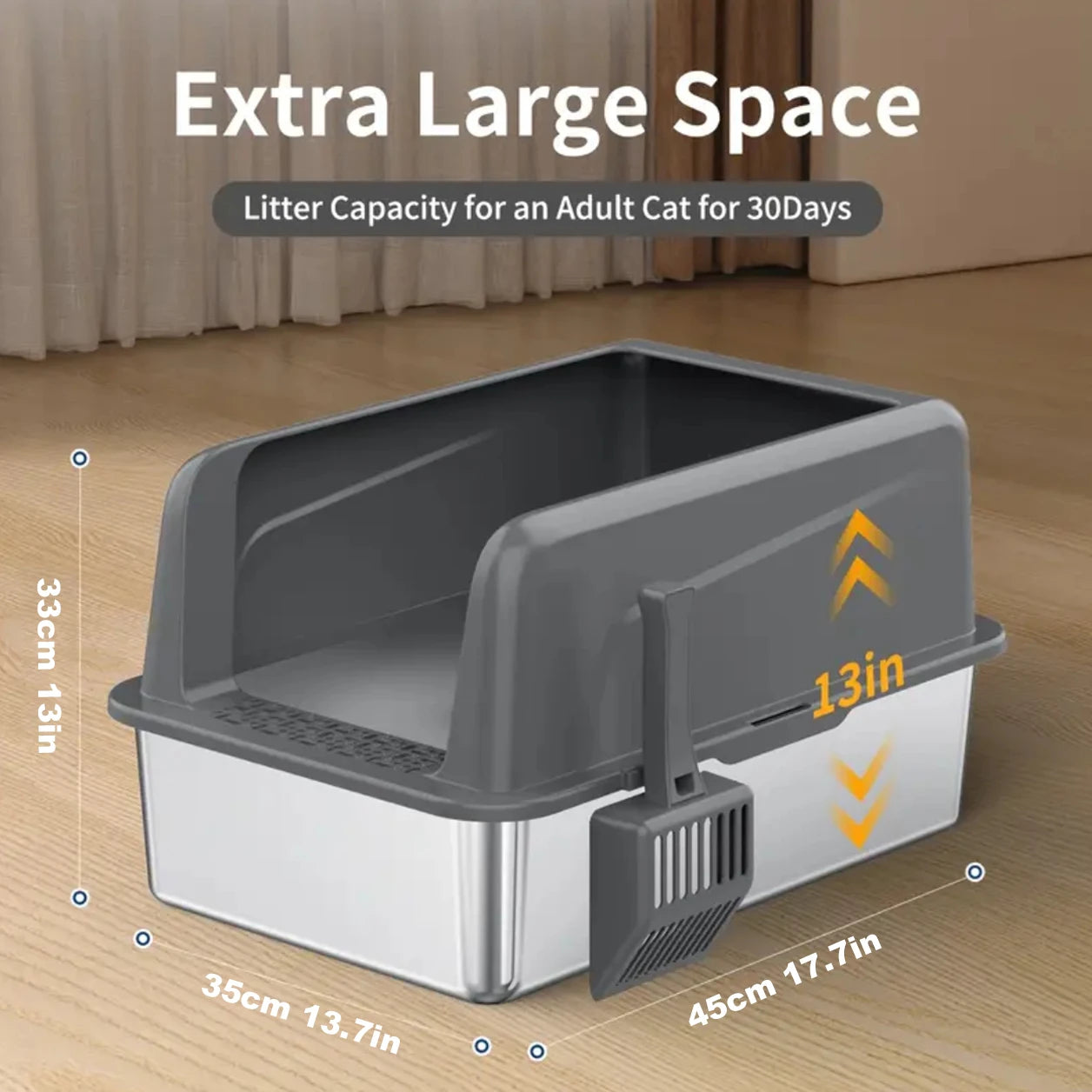 Stainless Steel Litter Box,XL Metal Litter Box with Lid,14”High Side Cat Litter Box for Big Cats and Kittens,Extra Large Litter