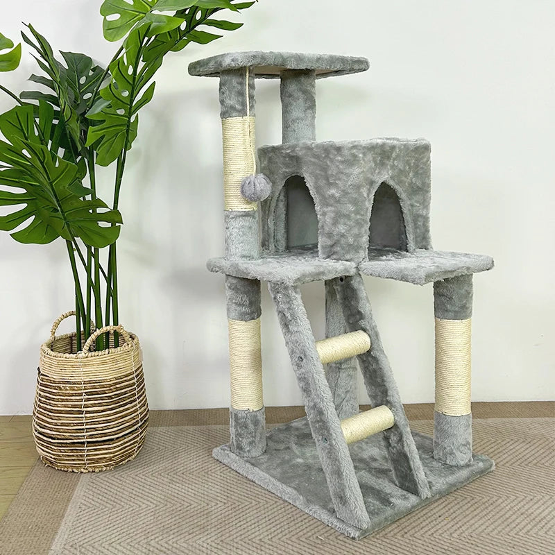 YXT Cat kitten tower with large modern widened perch, cute indoor multi-level cat activity tree, claw grinding post, small ramp