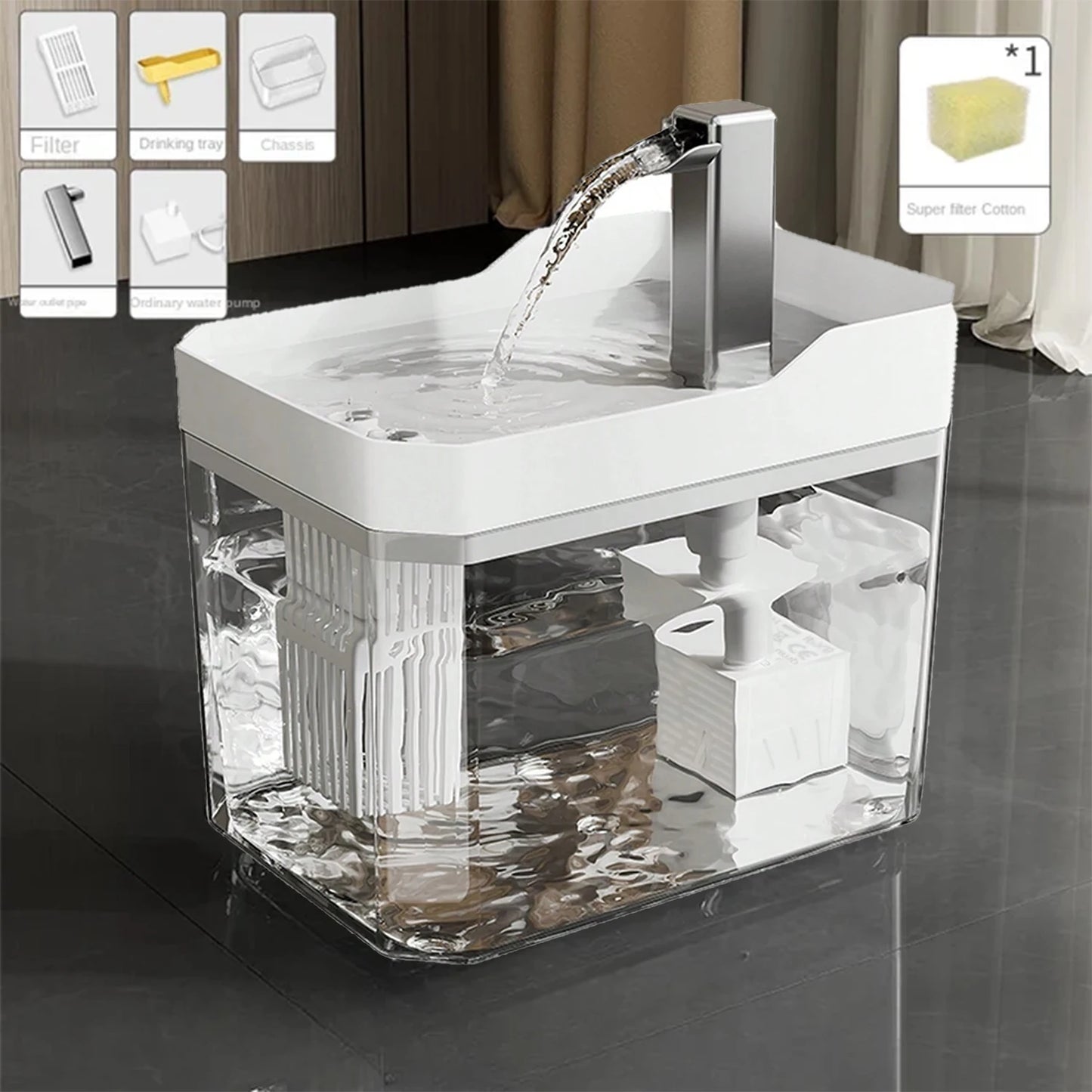 Fontanella distributore d'acqua per gatti e cani, alimentazione USB con sistema anti-surriscaldamento, ricircolo e filtro
