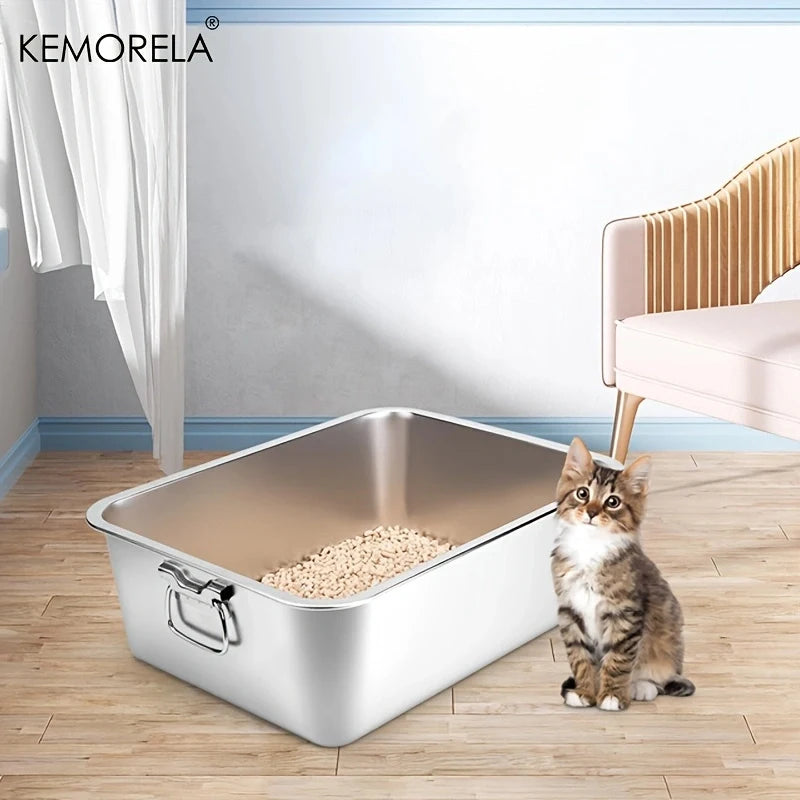 Large Litter Tray With Handles Durable Stainless Steel Litter Box Spacious Low Entry Design For Easy Access To Pet Accessories