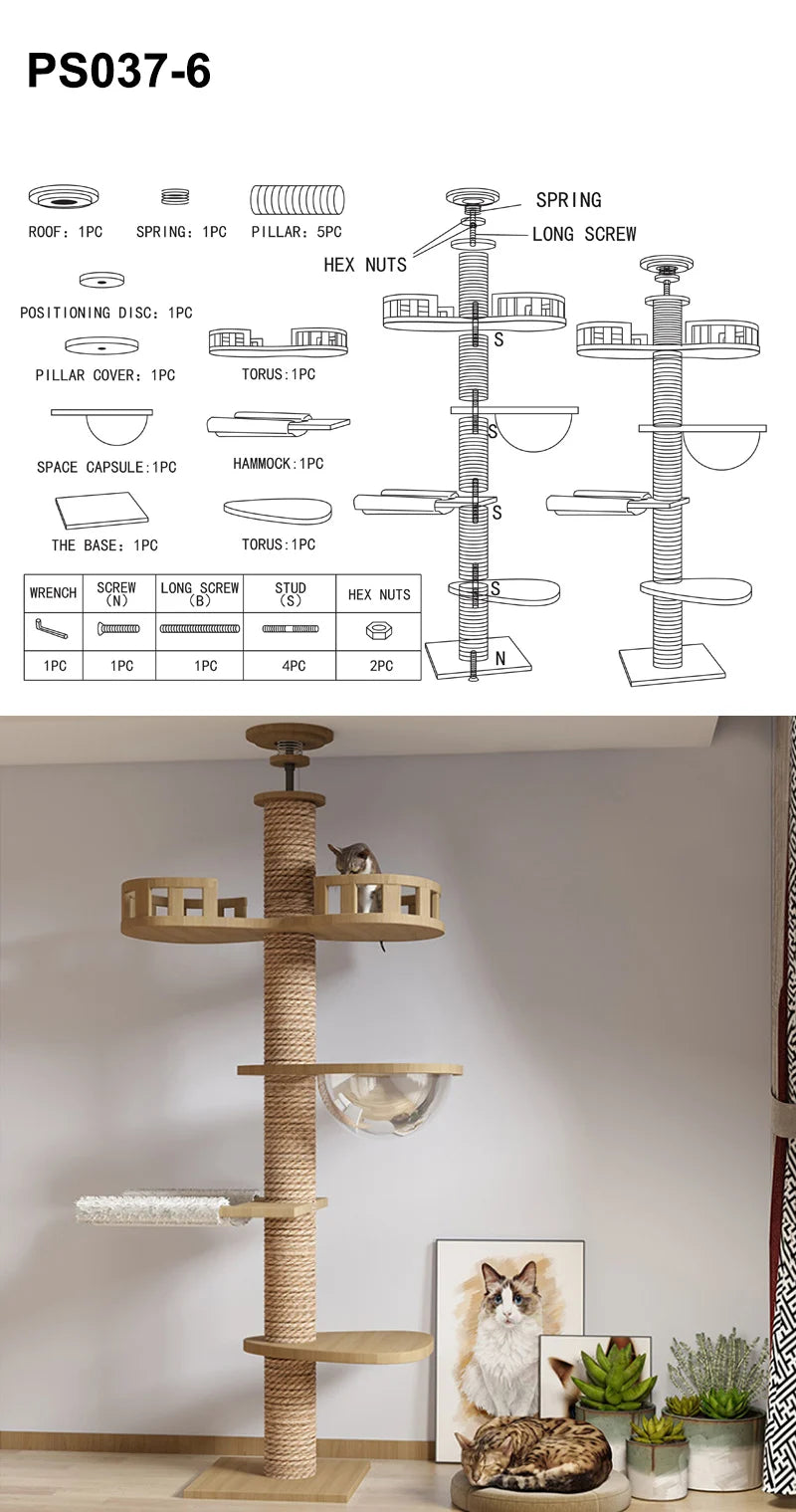 Cat Tree Floor To Ceiling Cat Tower with With Scratching Post Hammock Pet Activity Center Kitten Climbing Toy Pet Furniture