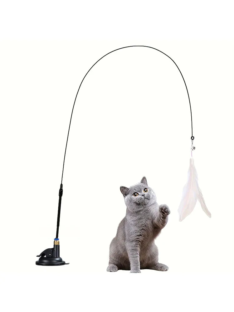Giocattolo per Gatti interattivo con Campanellino e Piume, base con ventosa e bacchetta lunga 85cm,, perfetto per gioco ed esercizio