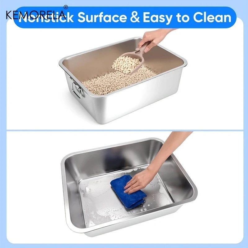 Large Litter Tray With Handles Durable Stainless Steel Litter Box Spacious Low Entry Design For Easy Access To Pet Accessories