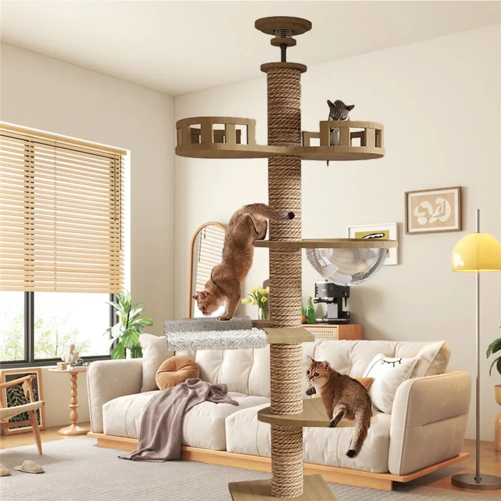 Cat Tree House Tower Adjustable Pet Condo Flannel Hammock Bed Cat Tree Floor To Ceiling Wooden House Multifunction Tower Soft
