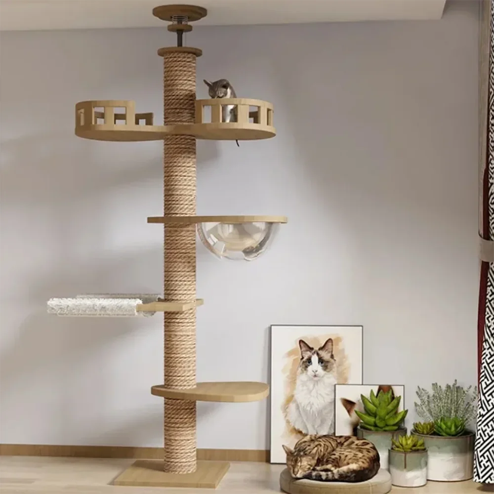 Cat Tree House Tower Adjustable Pet Condo Flannel Hammock Bed Cat Tree Floor To Ceiling Wooden House Multifunction Tower Soft