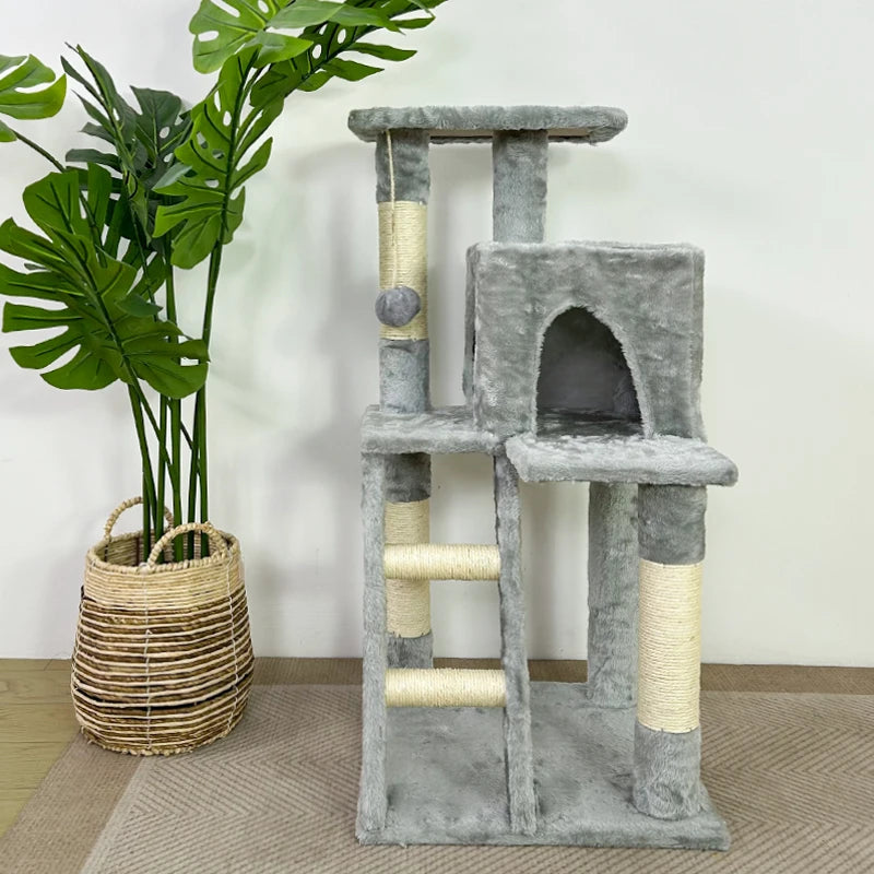 YXT Cat kitten tower with large modern widened perch, cute indoor multi-level cat activity tree, claw grinding post, small ramp
