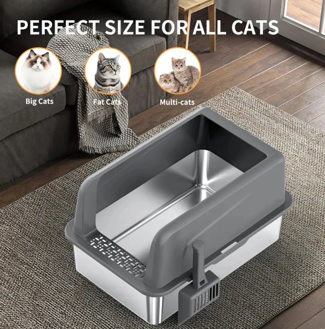 Stainless Steel Litter Box,XL Metal Litter Box with Lid,14”High Side Cat Litter Box for Big Cats and Kittens,Extra Large Litter