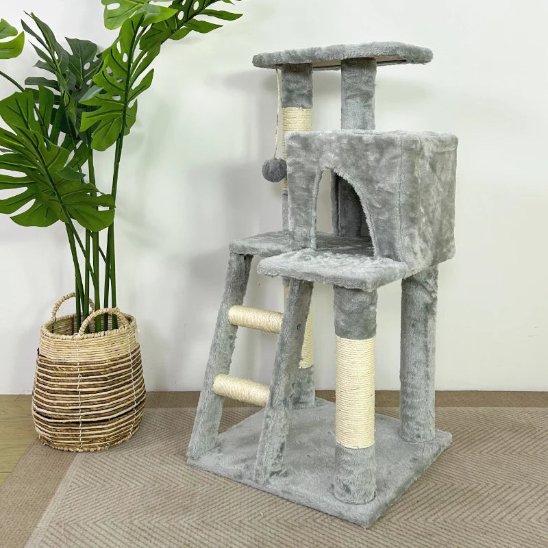 YXT Cat kitten tower with large modern widened perch, cute indoor multi-level cat activity tree, claw grinding post, small ramp