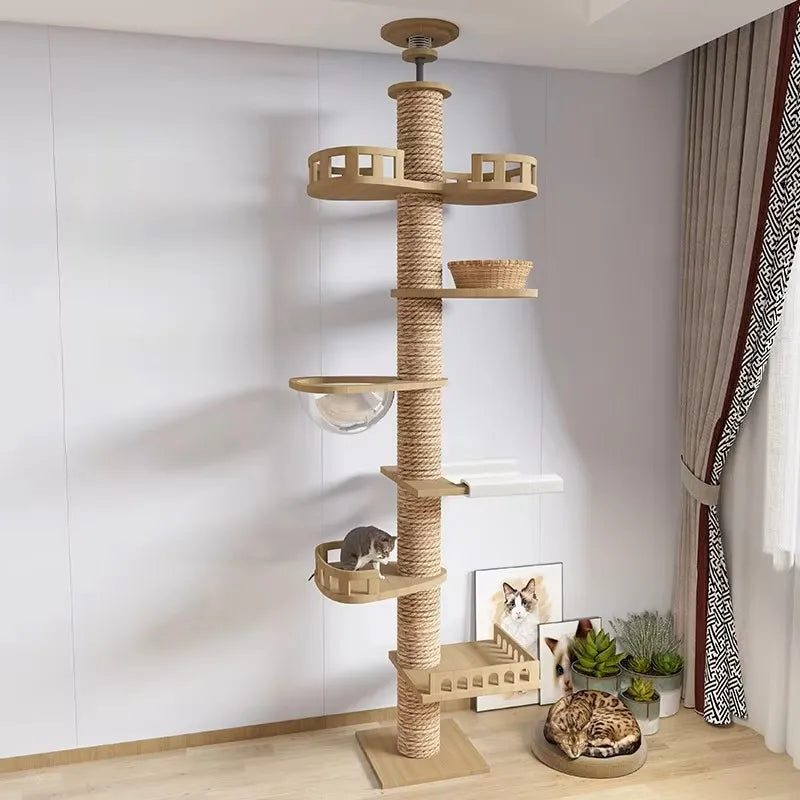 Cat Tree Floor To Ceiling Cat Tower with With Scratching Post Hammock Pet Activity Center Kitten Climbing Toy Pet Furniture