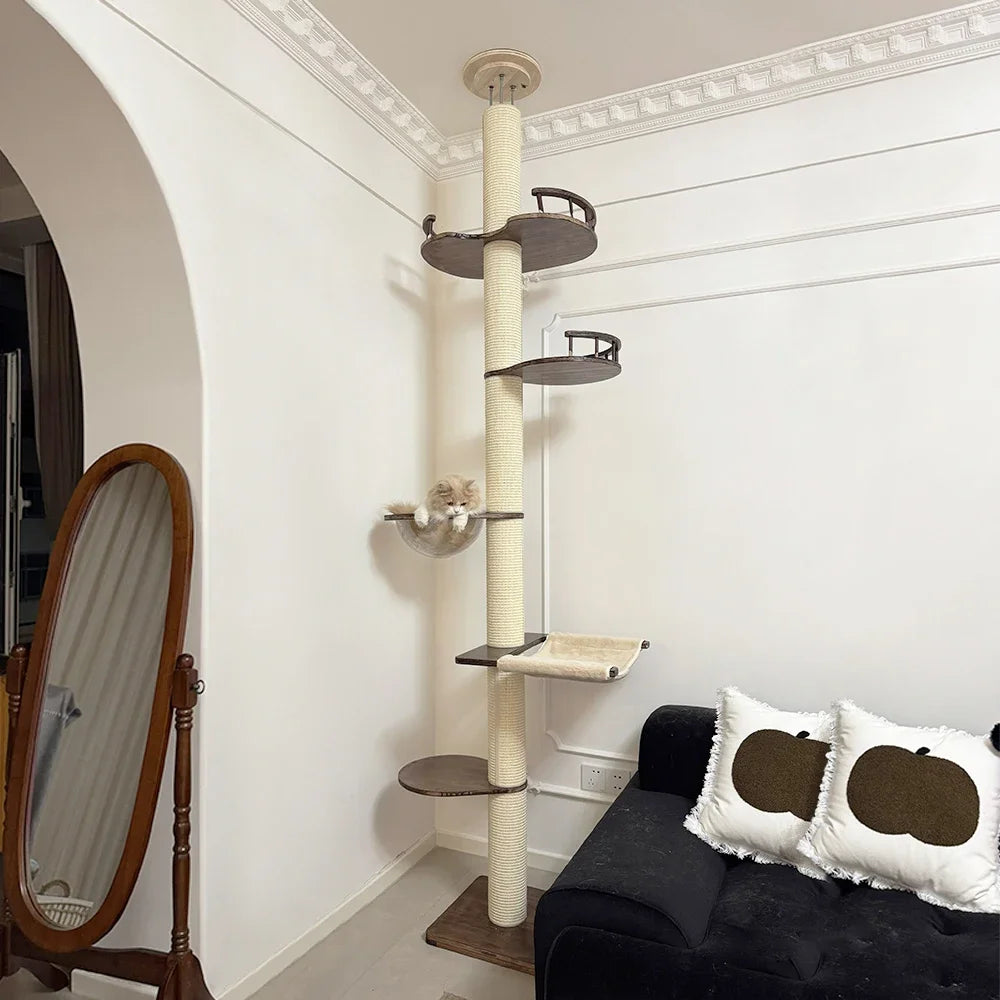Cat Tree House Tower Adjustable Pet Condo Flannel Hammock Bed Cat Tree Floor To Ceiling Wooden House Multifunction Tower Soft