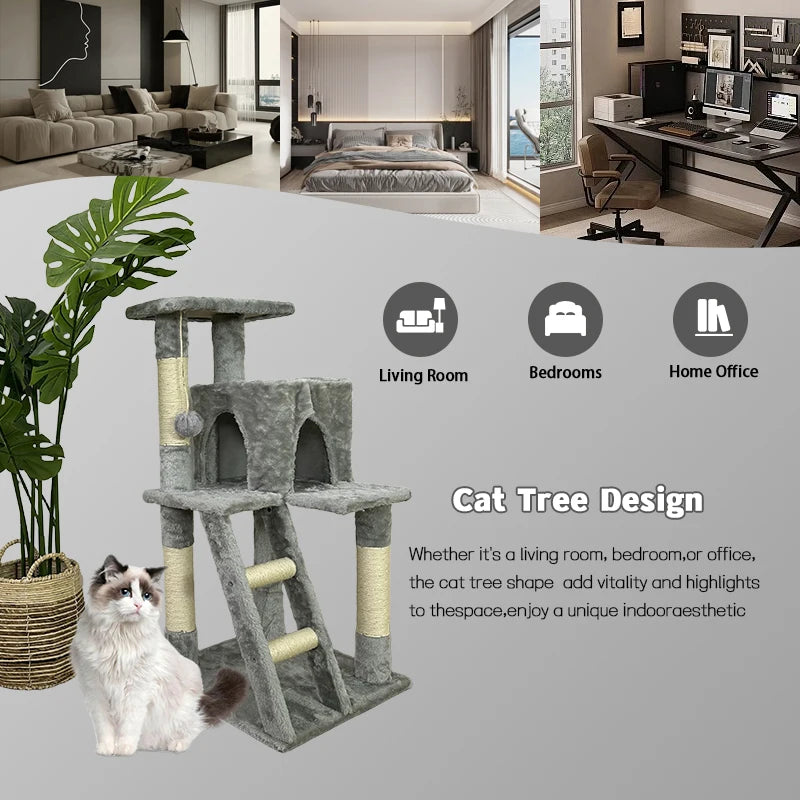 YXT Cat kitten tower with large modern widened perch, cute indoor multi-level cat activity tree, claw grinding post, small ramp