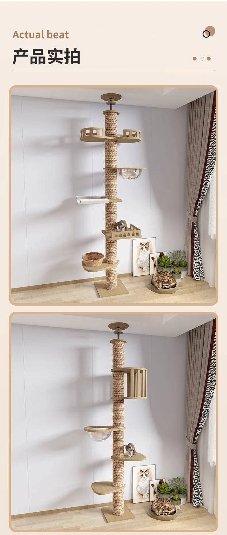 Cat Tree Floor To Ceiling Cat Tower with With Scratching Post Hammock Pet Activity Center Kitten Climbing Toy Pet Furniture