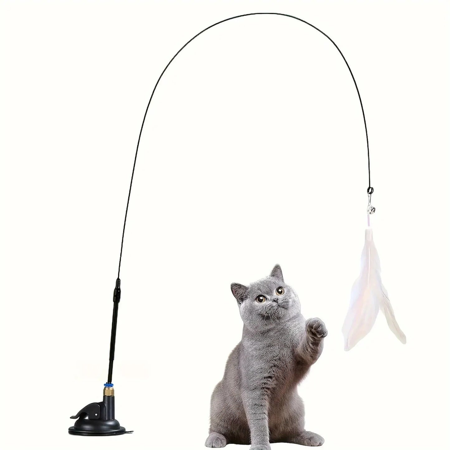 Giocattolo per Gatti interattivo con Campanellino e Piume, base con ventosa e bacchetta lunga 85cm,, perfetto per gioco ed esercizio