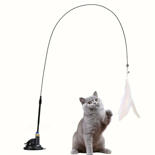 Giocattolo per Gatti interattivo con Campanellino e Piume, base con ventosa e bacchetta lunga 85cm,, perfetto per gioco ed esercizio