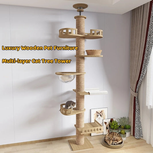 Cat Tree Floor To Ceiling Cat Tower with With Scratching Post Hammock Pet Activity Center Kitten Climbing Toy Pet Furniture