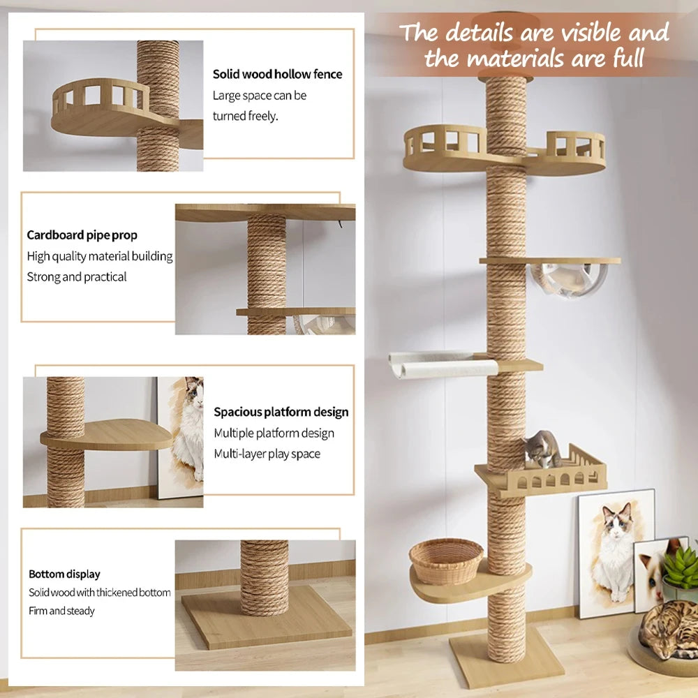 Cat Tree Floor To Ceiling Cat Tower with With Scratching Post Hammock Pet Activity Center Kitten Climbing Toy Pet Furniture