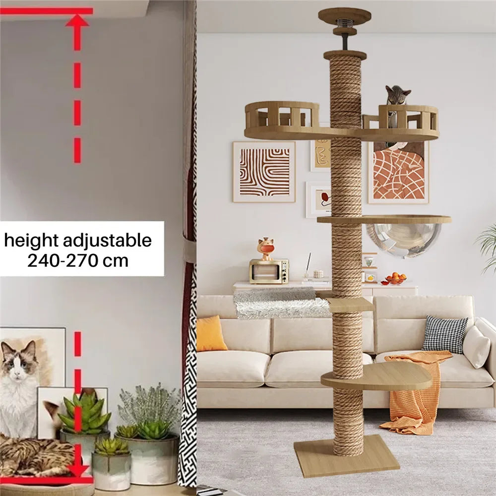 Cat Tree House Tower Adjustable Pet Condo Flannel Hammock Bed Cat Tree Floor To Ceiling Wooden House Multifunction Tower Soft