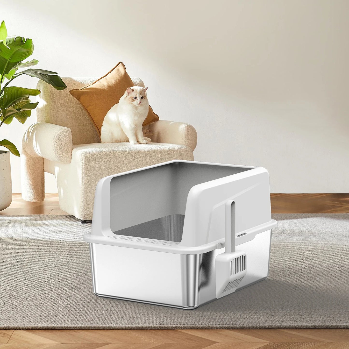 Stainless Steel Litter Box,XL Metal Litter Box with Lid,14”High Side Cat Litter Box for Big Cats and Kittens,Extra Large Litter
