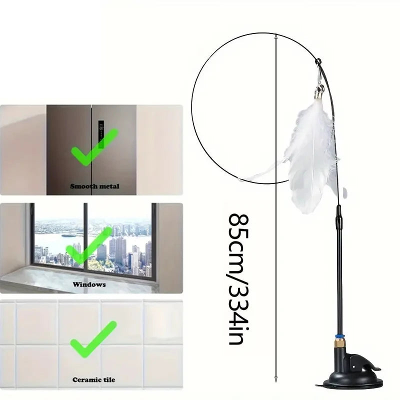 Giocattolo per Gatti interattivo con Campanellino e Piume, base con ventosa e bacchetta lunga 85cm,, perfetto per gioco ed esercizio