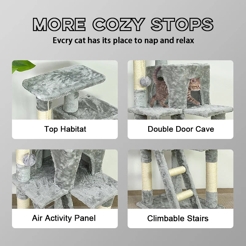 YXT Cat kitten tower with large modern widened perch, cute indoor multi-level cat activity tree, claw grinding post, small ramp