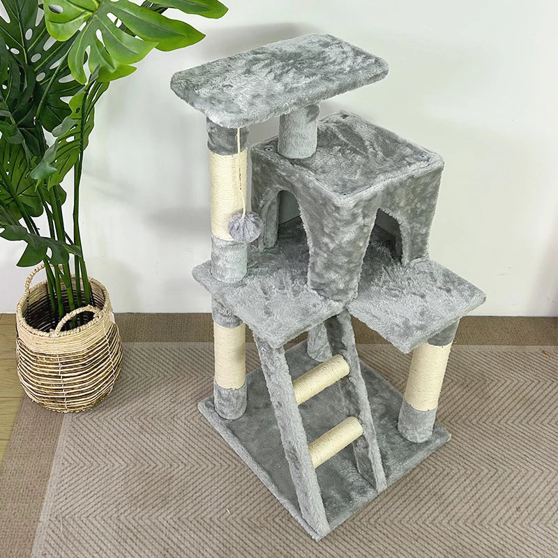 YXT Cat kitten tower with large modern widened perch, cute indoor multi-level cat activity tree, claw grinding post, small ramp