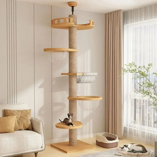 Cat Tree House Tower Adjustable Pet Condo Flannel Hammock Bed Cat Tree Floor To Ceiling Wooden House Multifunction Tower Soft